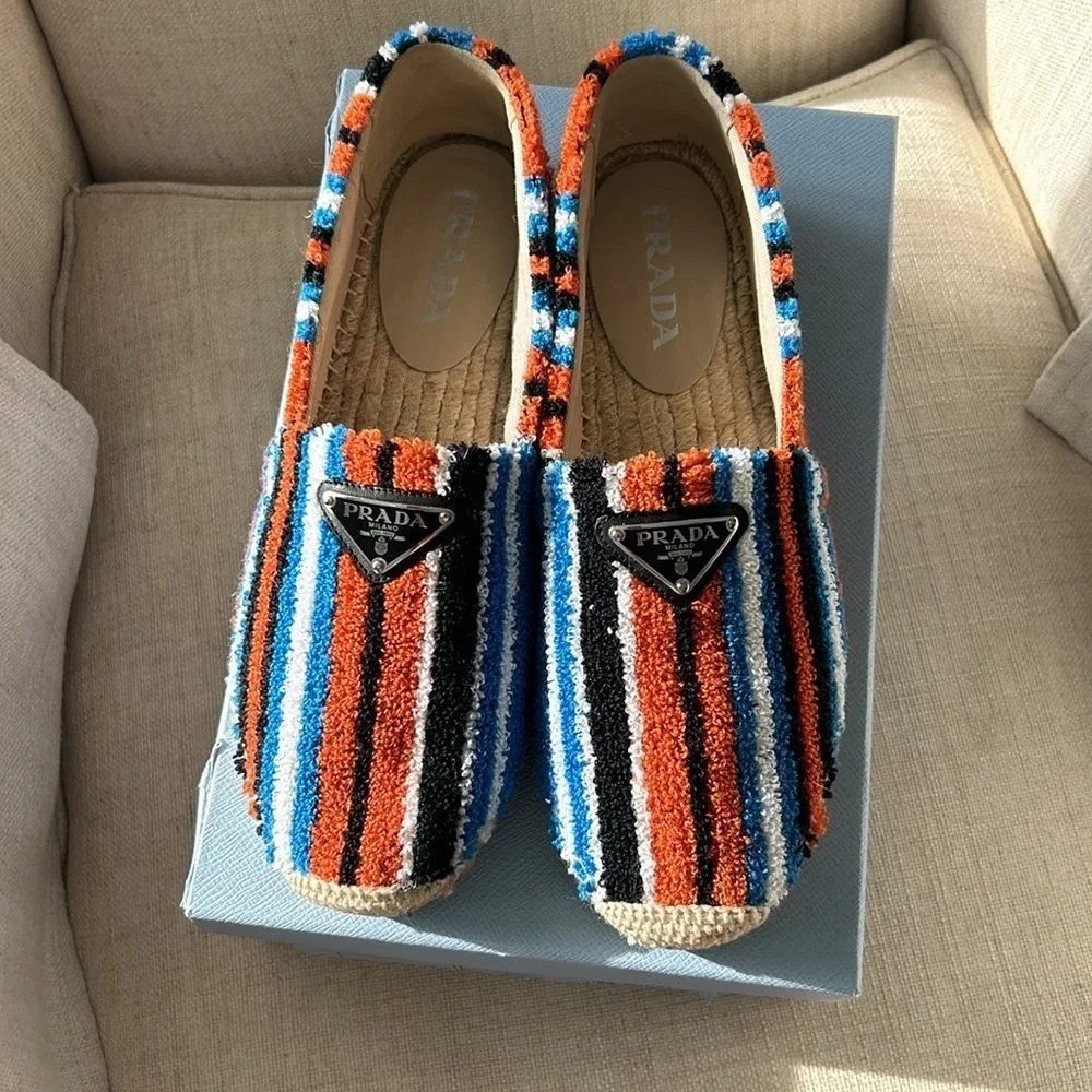 Prada Triangle Logo Striped-Terry Espadrilles